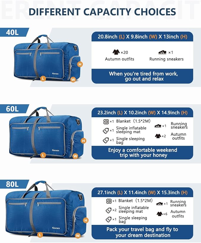 Gonex Large Foldable Travel Duffle Bag with Shoes Compartment, Packable Lightweight Water Repellent Duffel Bag for Camping Gym Weekender Bag