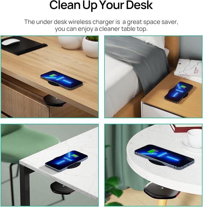 KPON Invisible Wireless Charger,30mm Under Desk Charger Mat, Furniture Table Nightstand Desktop Charging Station for iPhone17/16/15/14/13/12/Samsung/LG/Google Pixel Desk Essentials(with QC Adapter)