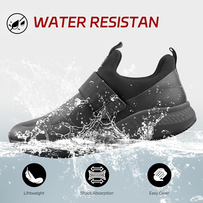 Non Slip Work Shoes for Men Slip On Food Service Kitchen Chef Restaurant Shoe Waterproof Slip Resistant Walking Sneakers Lightweight Comfortable Working Footwear Leather