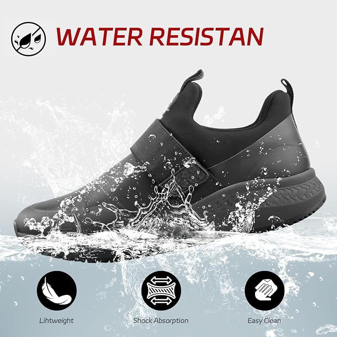 Non Slip Work Shoes for Men Slip On Food Service Kitchen Chef Restaurant Shoe Waterproof Slip Resistant Walking Sneakers Lightweight Comfortable Working Footwear Leather