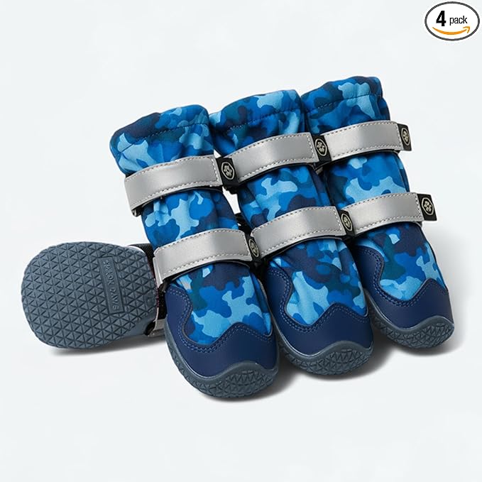 Spark Paws Dog Rainboots, Waterproof Dog Shoes for Medium to Large Dogs, Non Slip, Dog Booties and Paw Protectors - 4PCS Doggie Hiking Boots with Reflective Straps - Blue Camo, Size 2