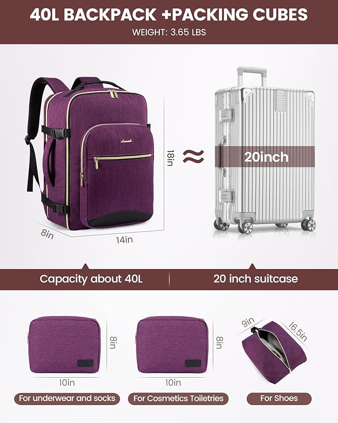 LOVEVOOK 40L Travel Backpack Flight Approved Carry on Backpack,3 Packing Cubes,Waterproof Personal Item Travel Bag,TSA Carry on Luggage Suitcase Travel Essentials,Gifts for Women & Men,fits 17" Laptop