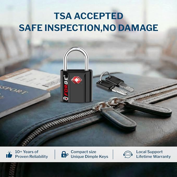 Forge Smal TSA Approved Luggage Locks: Ultra Secure dimple Key Locks with zinc Alloy Body, for Luggage, Travel Cases, Backpacks, Suitcase and More. Black 6PK.