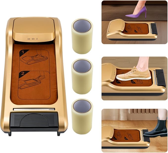 Automatic Shoe Film Machine, Shoe Cover Dispenser Machines with 3 Rolls Waterproof Shoe Membrane, Protect Floor Shoes Wrapping Machine for Home, Office, Hospital Factory(Gold)