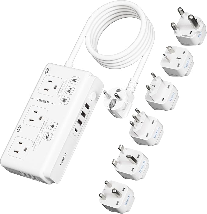 TESSAN Voltage Converter US to Europe 220 to 110, Universal Travel Adapter Voltage Converter with 4 USB Ports (1 USB C), 3 AC and EU UK AU IT in ZA Plug Power Adapter, Step Down Transformer, 6 FT