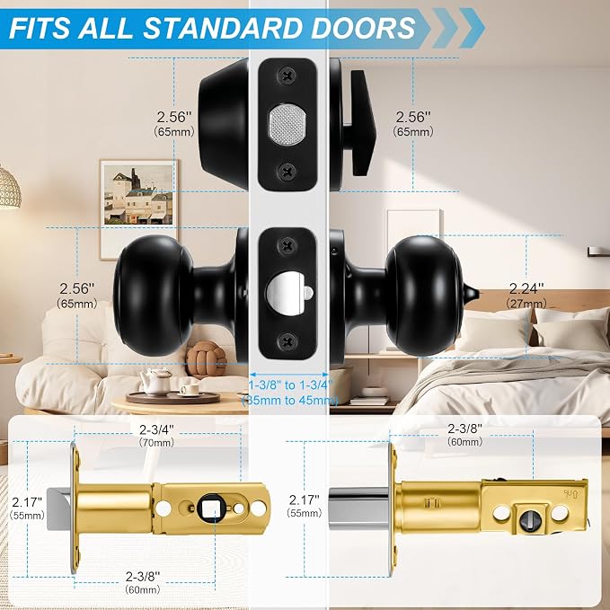Plustool 5 Pack Front Door Lock Set Matte Black,Exterior Door Lock Set with Deadbolt,Single Cylinder Deadbolt Lock and Door Knob Set,Keyed Alike Door Knobs with Lock&Keys,Round Ball Entry Door Lockset