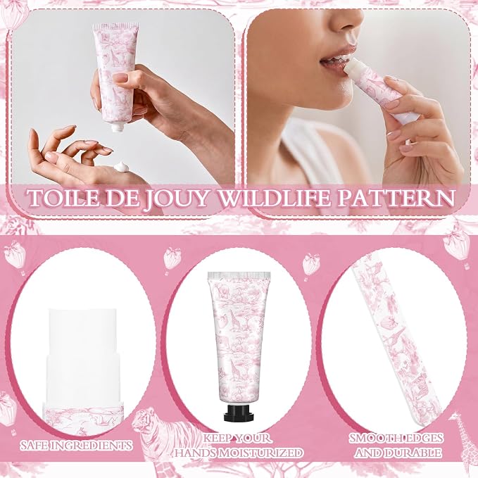 Leelosp 24 Sets Pink Toile De Jouy Baby Shower Favor Gifts Bulk - Vintage French Floral Hand Cream & Lip Balm with Nail File Travel Size Favors for Bridal Baby Shower Birthday Baptism Party Guests