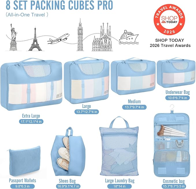 Veken 8 Set Packing Cubes for Travel Essentials, Suitcase Organizer Bags in 4 Sizes, Carry-On Luggage Accessories with Large Laundry Bag & Passport Holder, Must-Have for Airplane, Road Trip & Camping