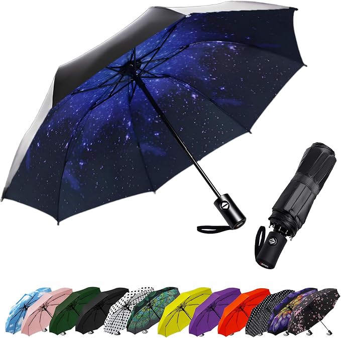 SIEPASA Compact Travel Umbrella - Windproof Auto Open/Close, Small Folding Umbrella for Rain & Sun with UPF50+ - Lightweight Frame, Waterproof - Fits Backpack, Purse, Suitcase.(UV-Starry)