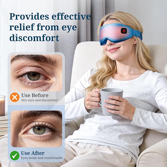 100% Silk Wireless Heated Eye Mask with Cooling, Relieves Dry Eye Syndrome and Puffy, Reduces Dark Circles, Adjustable Velcro Design and Washable Cover, Suitable for Travel & Gifts-Blue