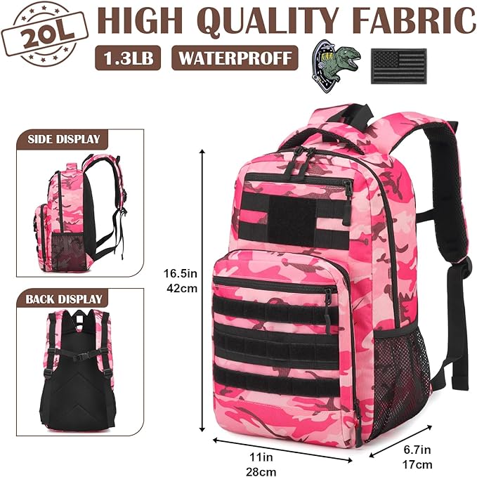 Kids Tactical Backpack Army Molle Bookbag Military Boys Backpack for School, Outdoor, Camping, Pink CM
