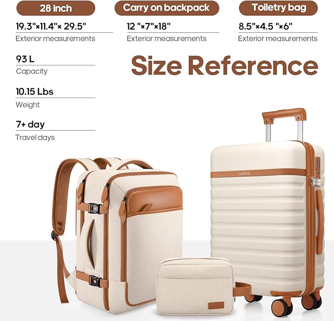 UKEIN Luggage Sets 3 Piece, PC Hardside Carry On Luggage 28 Inch With Spinner Wheels with TSA Lock, Carry On Suitcase Set With Travel Backpack for Men (Beige, 3 piece set (28inch))