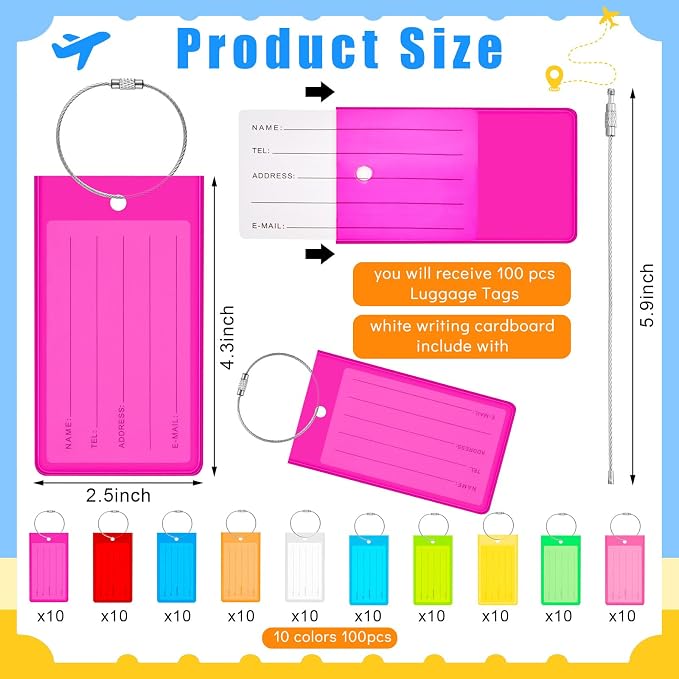Sumind 100 Pcs Plastic Luggage Tags Assorted Name Identification Labels Flexible Suitcase Tags for Travel Baggage, 10 Colors (Cool Style)