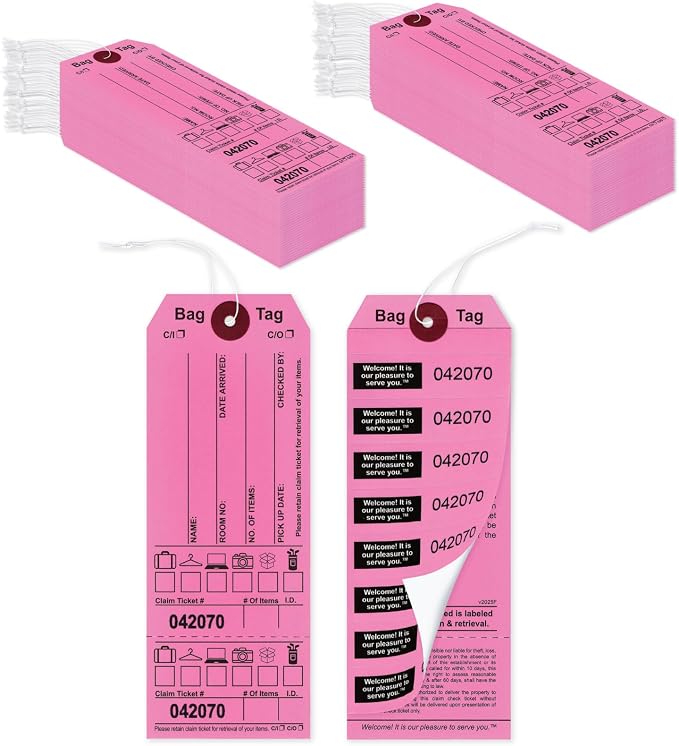 Pink Bag Claim Check Tags with Elastic string, Printed in Black ink with 8 labels & Matching Numbers For multiple bags. Hotel Bag Tags for Organizing Luggage. Size: 6 3/4" (H) x 2 1/2" (W). 1000 Tags.