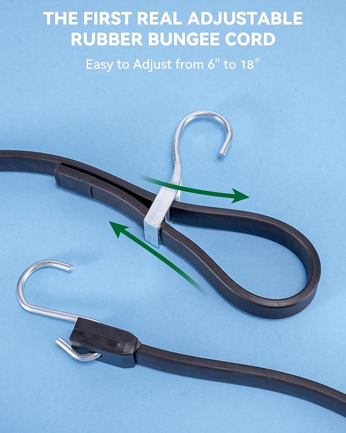 18 Inch Adjustable Rubber Bungee Cords, Easy to Adjust from 6" to 18", Black Bungee Straps with 1.9X Stretch, Rubber Tarp Straps with Crimped S Hooks for Cargo, Tarps, Van, Truck, Motorcycle (8 Pcs)