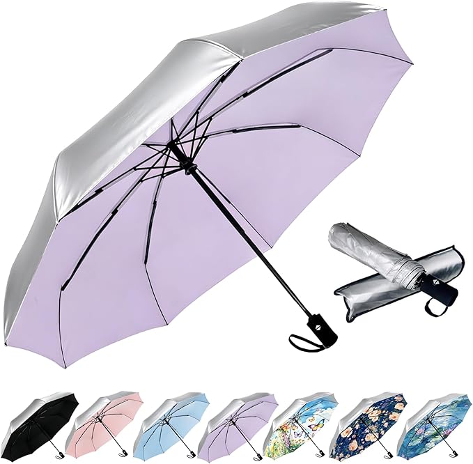 SIEPASA Compact Travel Umbrella - Windproof Auto Open/Close, Small Folding Umbrella for Rain & Sun with UPF50+ - Lightweight Frame, Waterproof - Fits Backpack, Purse, Suitcase.(Silver/Light Purple)