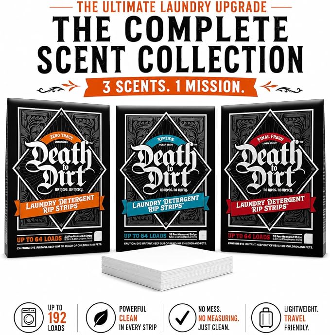Death to Dirt Laundry Detergent Sheets, 3-Scent Bundle, 192 Loads