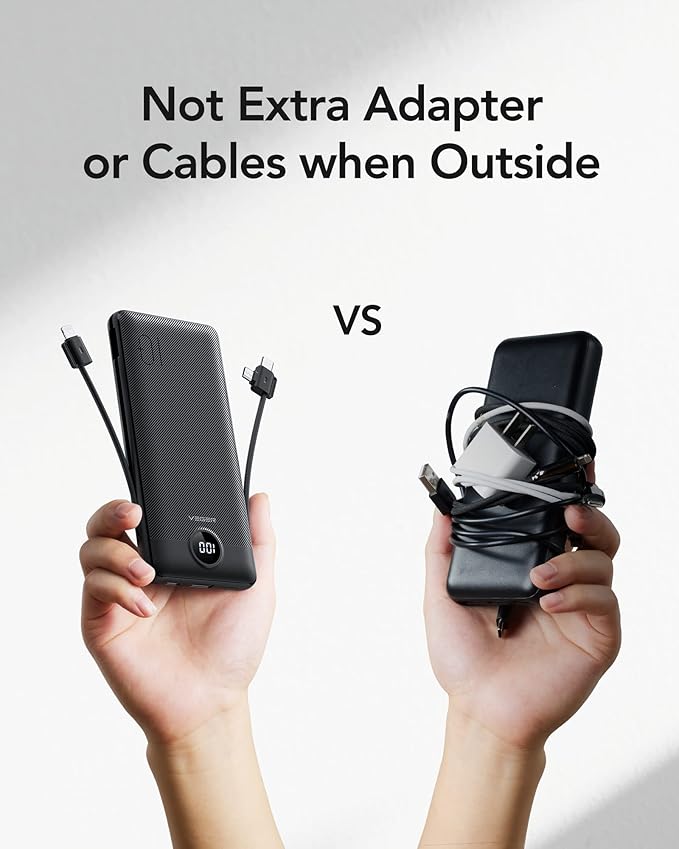 VEGER Portable Charger Power Bank with Built-in AC Plug and Cables, All in One 10000mAh Ultra Slim Travel Essentials, Fast Charging Battery Pack Compatible with iPhone, Samsung, Android, Black