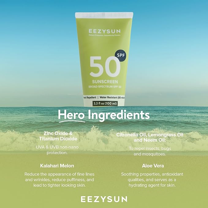 EEZYSUN Sunscreen SPF50 with Insect Repellent - Water-Resistant Sunscreen Bug Repellent Combo with Citronella Oil, Lemongrass, Neem Oil - Vacation, Beach Essentials, Face & Body Sun Care - 3.3 fl oz