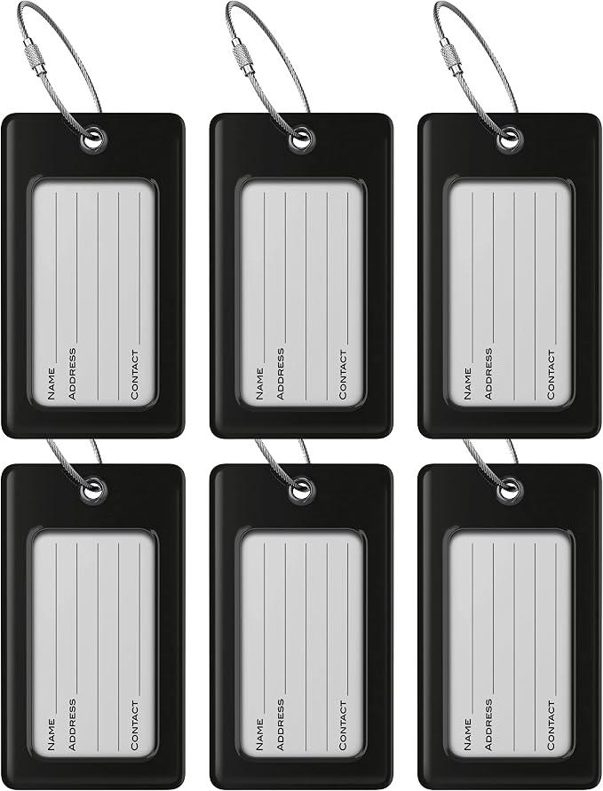 Luggage Tags Business Card Holder by TUFFTAAG - Flexible PVC Travel ID Bag Tag, Black, 6 Pack