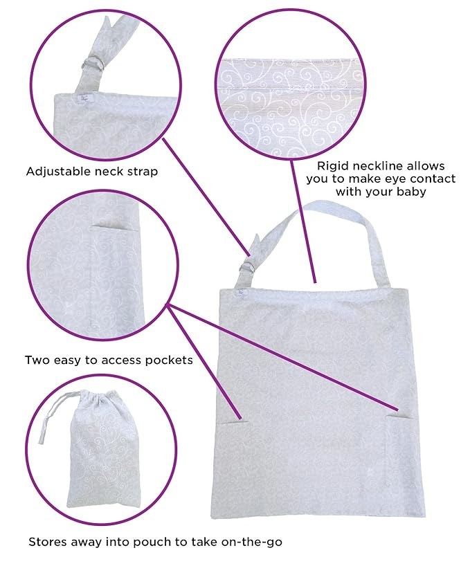 Nursing Cover Apron for Breastfeeding Privacy Soft with Rigid Neckline Adjustable Strap Cotton with Travel Bag in Grey Swirls