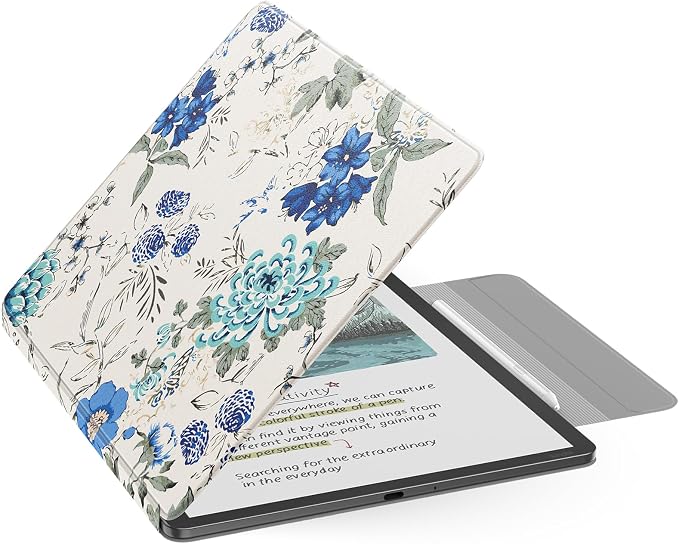 MoKo Magnetic Case for All-New 11" Kindle Scribe 2025(3rd Generation) & Kindle Scribe Colorsoft 2025(1st Gen) - Slim Folio Premium PU Leather Cover with Pen Clasp & Auto Sleep Wake, White Blue Floral