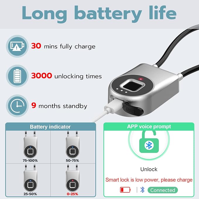 Fingerprint Gate Lock, 3.6'' Long Cable Fingerprint Lock, Smart Keyless Biometric Waterproof Outdoor Bluetooth Cord Gate Lock for Outdoor Fence Gym Locker Helmet Case