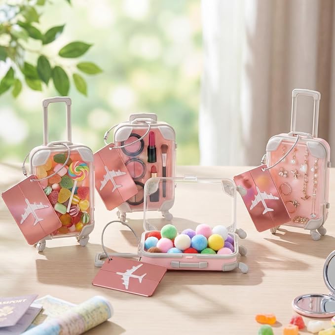 Teecyhooo 20 Pcs Mini Suitcase Party Favor Boxes and 20 Pcs Metal Luggage Tags with Card, Clear Mini Luggage Gift Boxes for Girls Wedding Travel Birthdays Bachelorette (6.5 x 2.8 x 1.4 Inch,Pink)