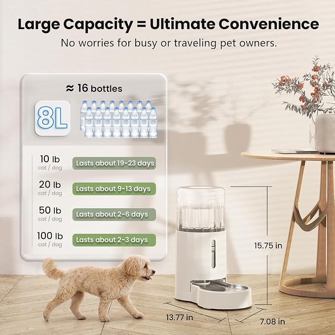 CZPET Automatic 7L Dog and Cat Water Dispenser with Stainless Steel Bowl Gravity Waterer,100% BPA-Free,Large Capacity and Drinking Area Noise-Free for Pets