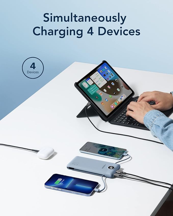 VEGER Portable Charger Power Bank with Built-in AC Plug and Cables, All in One 10000mAh Ultra Slim Travel Essentials, Fast Charging Battery Pack Compatible with iPhone, Samsung, Android (Blue)
