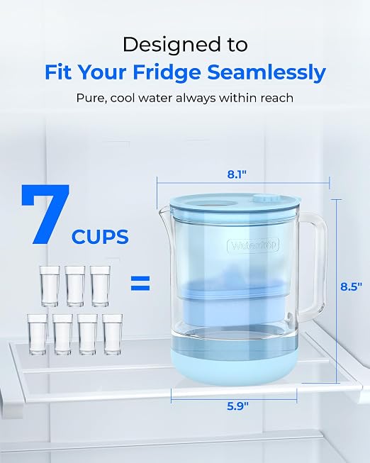 Waterdrop PT-72B-A Glass Alkaline Water Filter Pitcher, 7-Cup, Eco-Friendly, Enhances Alkaline Water, for Home & Office, Reduces Chlorine, Cadmium, Copper & Mercury, Blue