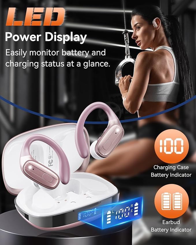 LEEMC Wireless Earbuds, Bluetooth Headphones 5.4, 80Hr Playtime Ear Buds with Hooks for Sports, Noise Canceling, LED Display, IPX7 Waterproof Earphones for Workout Running, Rosegold