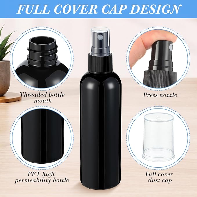 Kigley 100 Pcs Small Spray Bottle Bulk 4 oz Plastic Empty Mist Spray Bottles for Essential Oils Fine Mist Sprayer Reusable Refillable Portable Travel Containers for Cleaning Samples (Black and White)