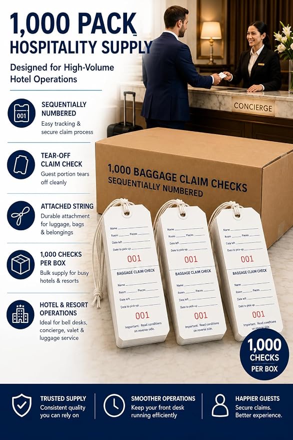Hotel Luggage Claim Tags with Tear-Off Claim Ticket, Numbered Disposable Baggage Tags for Hotels, Valet, Concierge, Bell Desk & Guest Bag Storage – 1,000 Pack