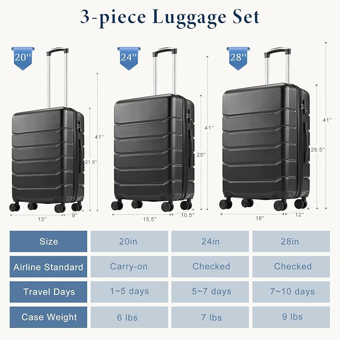NEWBULIG 24 Inch Checked Luggage, ABS Hard Shell Lightweight Rolling Expandable Suitcase with Smooth Spinner Wheels and TSA Lock for Business Trips and Daily Vacations, Black