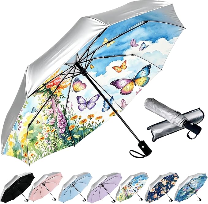 SIEPASA Compact Travel Umbrella - Windproof Auto Open/Close, Small Folding Umbrella for Rain & Sun with UPF50+ - Lightweight Frame, Waterproof - Fits Backpack, Purse, Suitcase.(Silver/Butterfly)