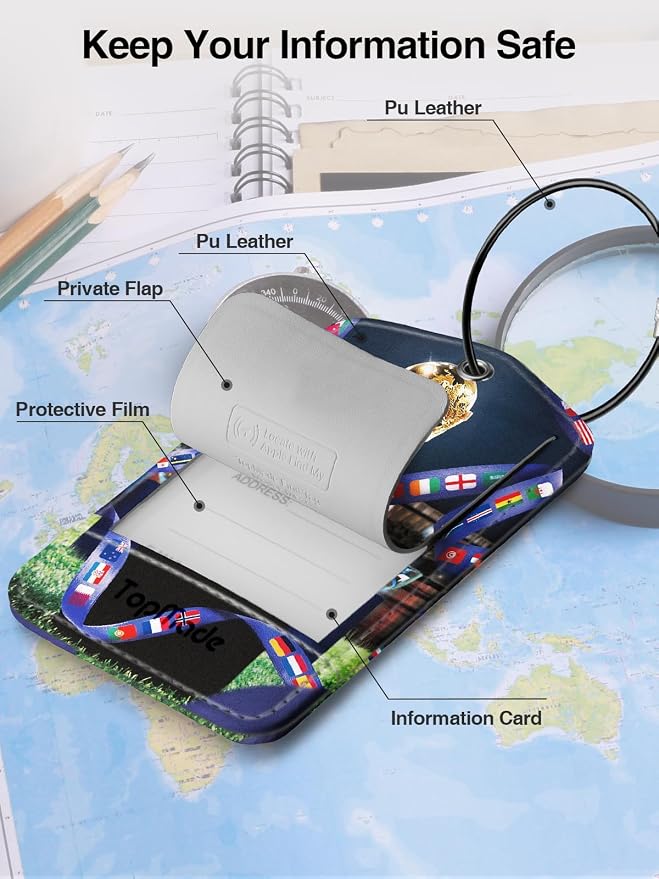 TopMade Smart Luggage Tag with Find My, Premium Leather Luggage Tags for Suitcase, Travel Bags, Backpacks, Anti-Lost Suitcase Tag Tracker for Travel with Privacy Name Card, Rechargeable