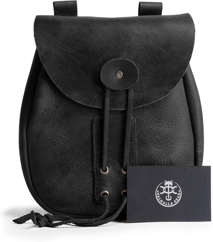 Bushcraft Bag, Portable Safe Pouch for Securely Storing Money, Coins, Bills, Valuables, Full Grain Leather, Handmade (Charcoal Black)