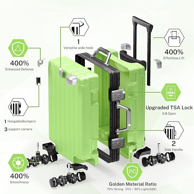 Krute Zipperless Luggage 24 Inch Aluminum Frame Suitcase with Spinner Wheels PC+ABS Hardide Checked Luggage TSA Approved No Zipper Travel Suitcase Green