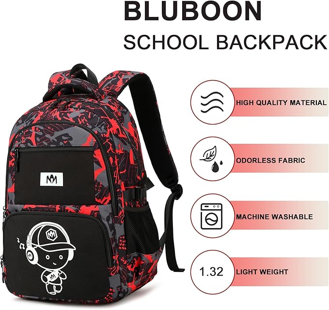 Bluboon Kids Backpack Boys Camo Bookbag Teens Elementary School Bag Daypack Travel Back Pack Middle school (Boy-red doodle)