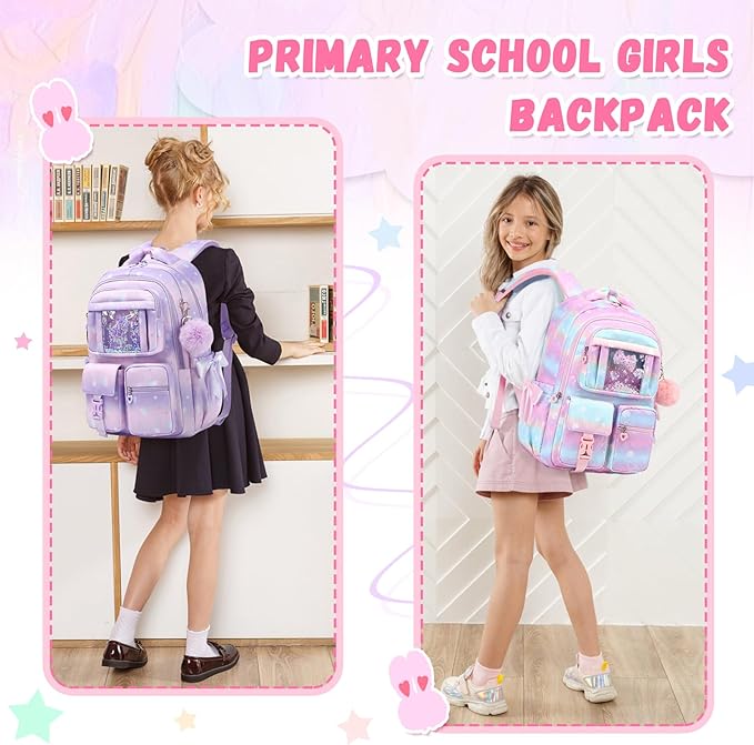 PIG PIG GIRL Kids Backpack for Girls - School Bags for Middle School Students - Book Bag for Elementary Primary - Kawaii Ita Backpack - Purple Shell