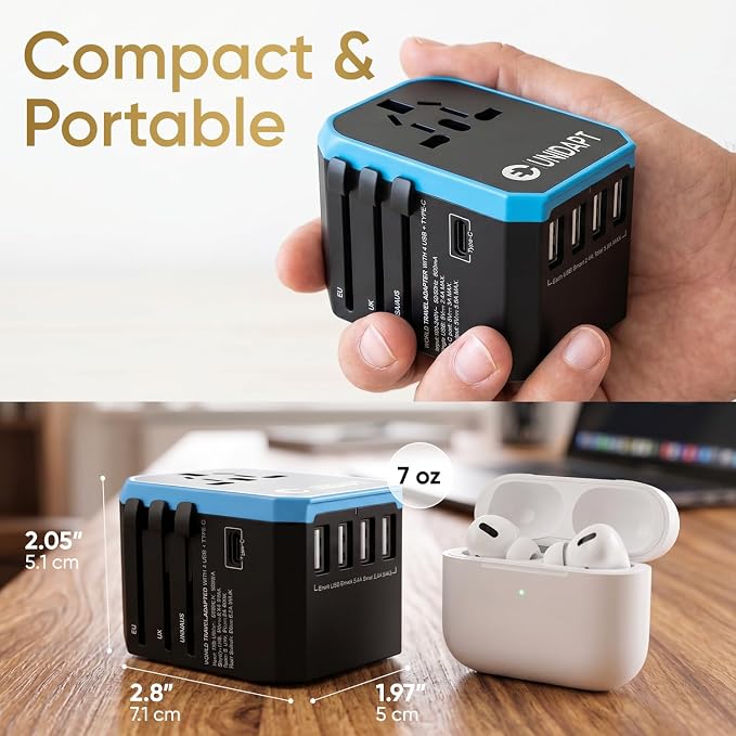 Universal Travel Adapter for Europe and International Travel from USA, Type C EU/Type G UK/Type I AU/Type A US, 1 AC Outlet, 1 USB-C and 4 USB-A Ports, Unidapt Travel Plug Adapter