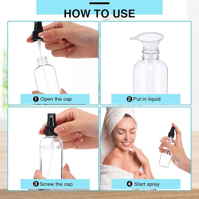 Layhit 100 Pcs 4 oz Small Spray Bottles Bulk, 120ml Clear Plastic Spray with 5 Pcs Small Funnels Mini Empty Fine Mist Bottles for Essential Oils Travel Perfumes