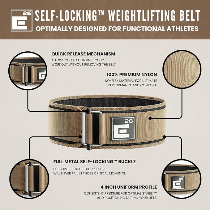 Element 26 Self-Locking Weight Lifting Belt - 4-Inch Nylon Support for Men and Women - Squat and Deadlift - Gym Training