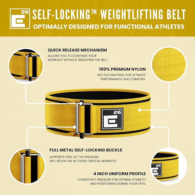 Element 26 Self-Locking Weight Lifting Belt - 4-Inch Nylon Support for Men and Women - Squat and Deadlift - Gym Training