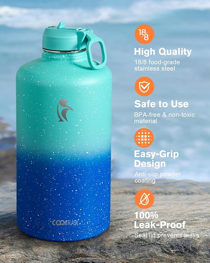 Coolflask 128 oz Gallon Water Bottle Insulated with Straw&3 Lids, Water Jug Large Stainless Steel Metal Vacuum Wide Mouth for Sports, Gym or Office, Non-BPA Keep Cold 48H Hot 24H, Glacier Blue