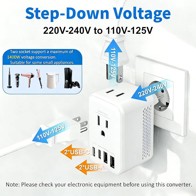 220v to 110v Converter Travel Voltage Converter European Plug Adapter Travel Power Adapter Canada to Europe with 2 USB A 2 USB C & UK US EU AU South Africa for Hair Dryer (White)