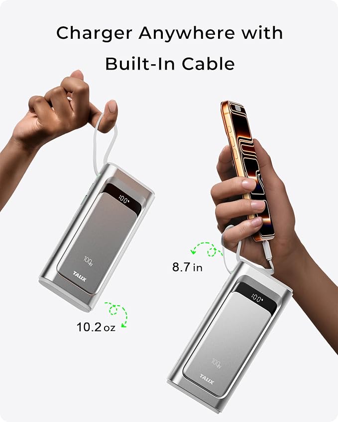 TALIX 10000mAh Portable Charger, 3-Port USB-C Power Bank, 100W Max Fast Charging Battery Pack with Built-in Cables for iPhone 17/16/15 Pro Max,iPad,Samsung Galaxy,Phone, TSA Approved Travel, Silver