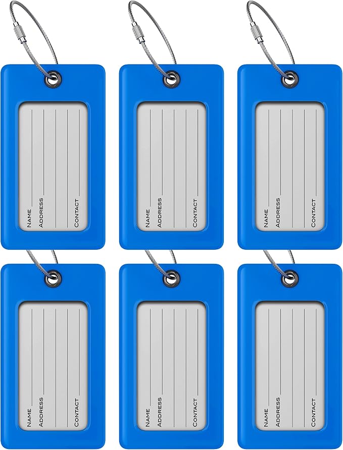 Luggage Tags Business Card Holder by TUFFTAAG - Flexible PVC Travel ID Bag Tag, Blue, 6 Pack