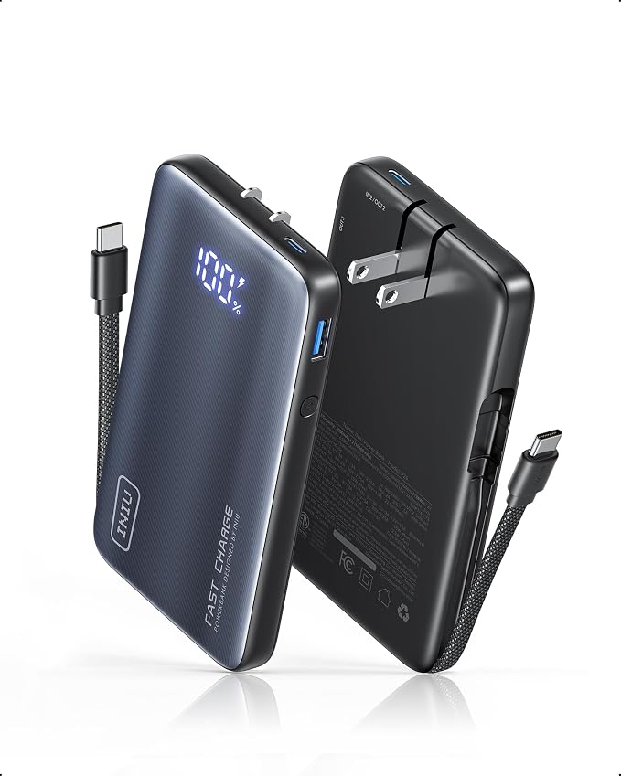 INIU Portable Charger, Ultra Slim 45W Fast Charging Power Bank with Built-in AC Wall Plug, 10000mAh GaN 3-in-1 Battery Pack for Flight-Safe Travel, for iPhone 17 16, Samsung S26, iPad etc, Black